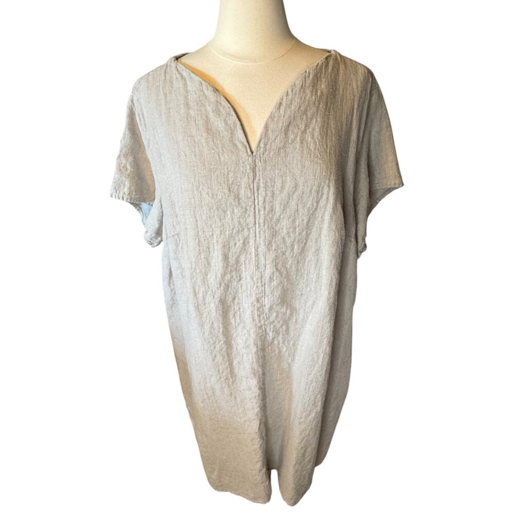 FLAX Lagenlook Oversize Midi Dress Linen Beige Tan Minimalist 2XL Caftan